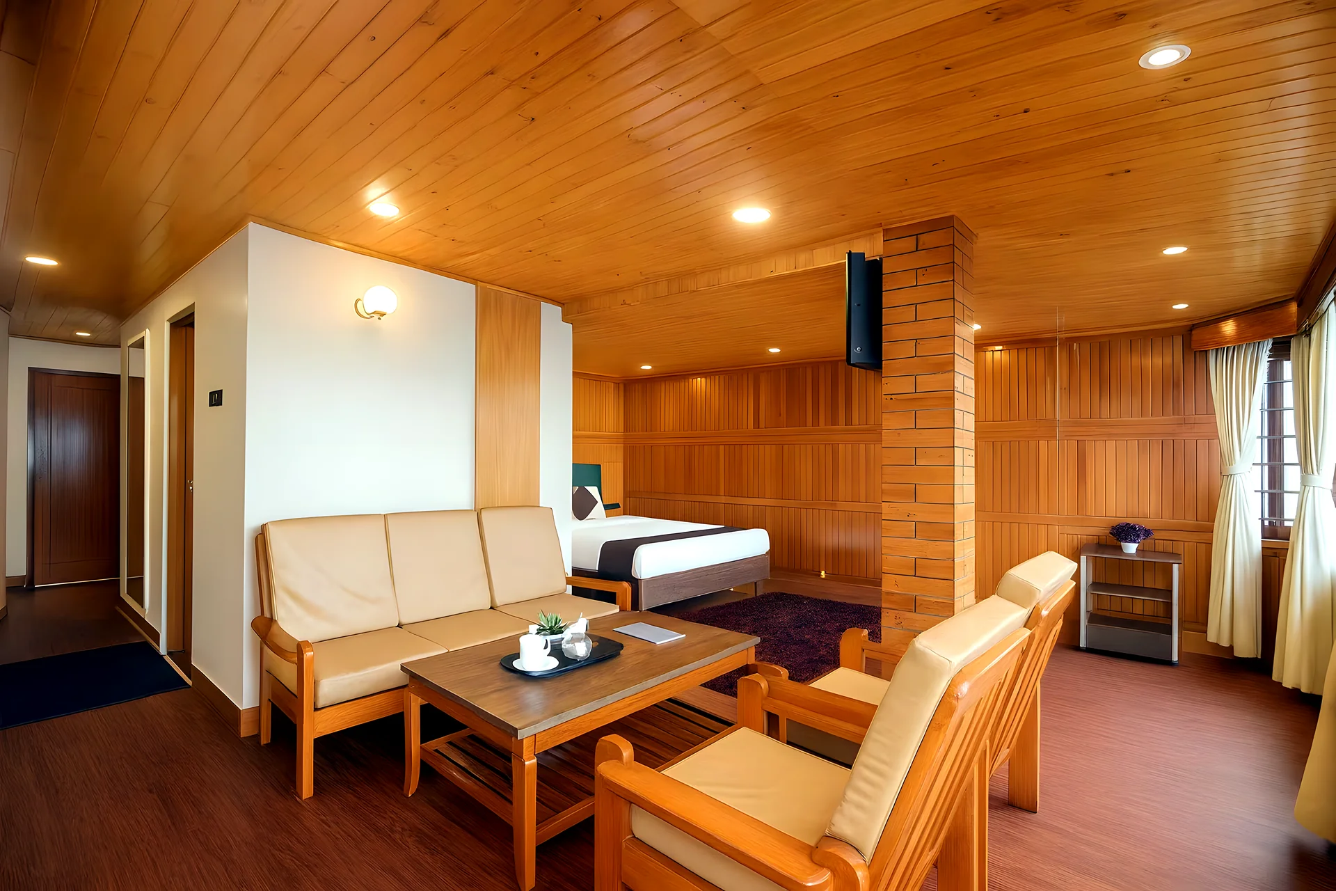 Superior Double Room with Extra Bed at Hotel Apsara Darjeeling with a mountain view — wood-panelled bedroom