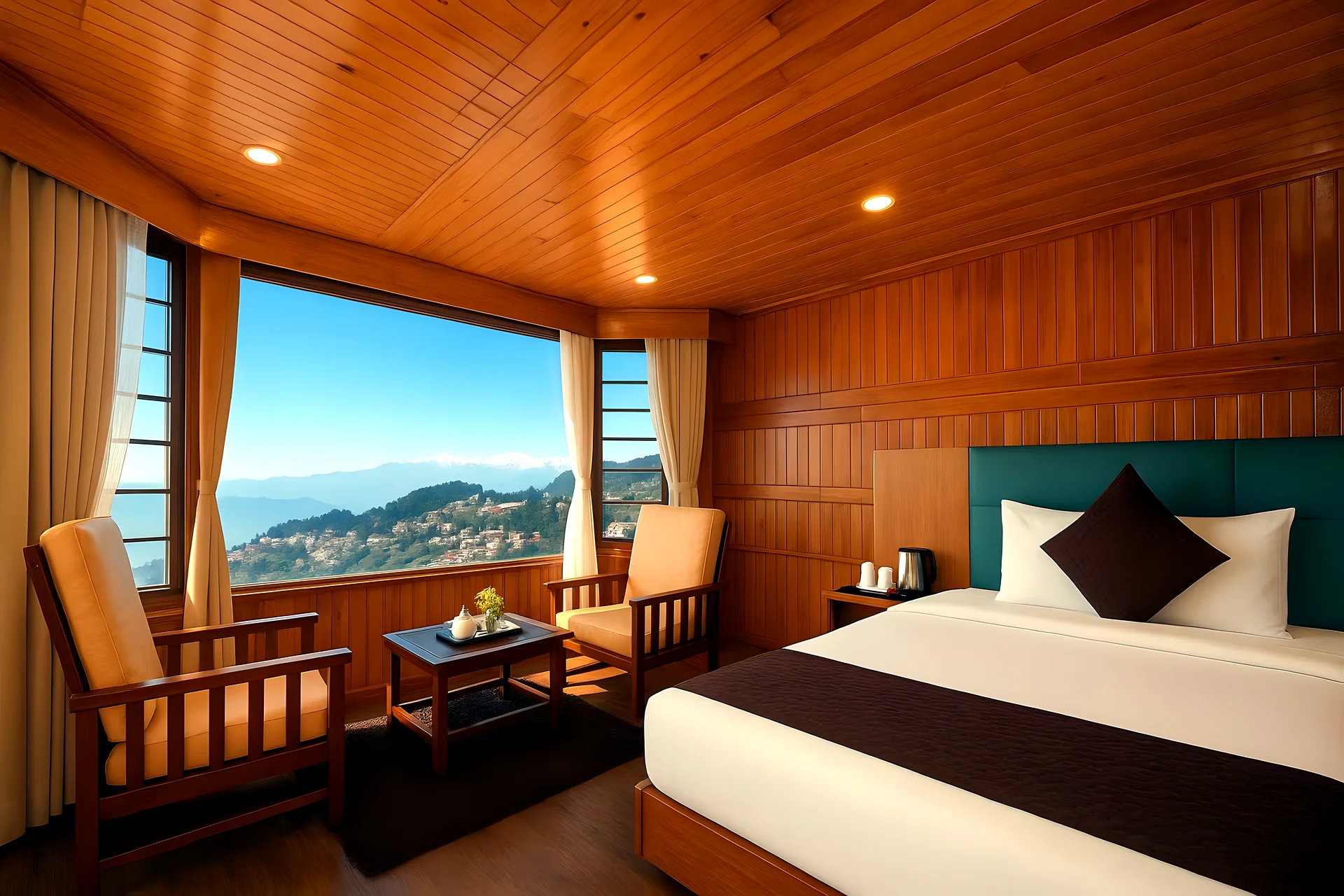 Super Deluxe Room at Hotel Apsara Darjeeling with a mountain view, king bed — wood-panelled bedroom