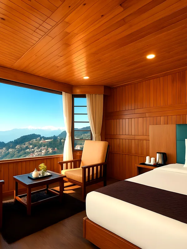 Super Deluxe Room at Hotel Apsara Darjeeling with a mountain view, king bed — wood-panelled bedroom
