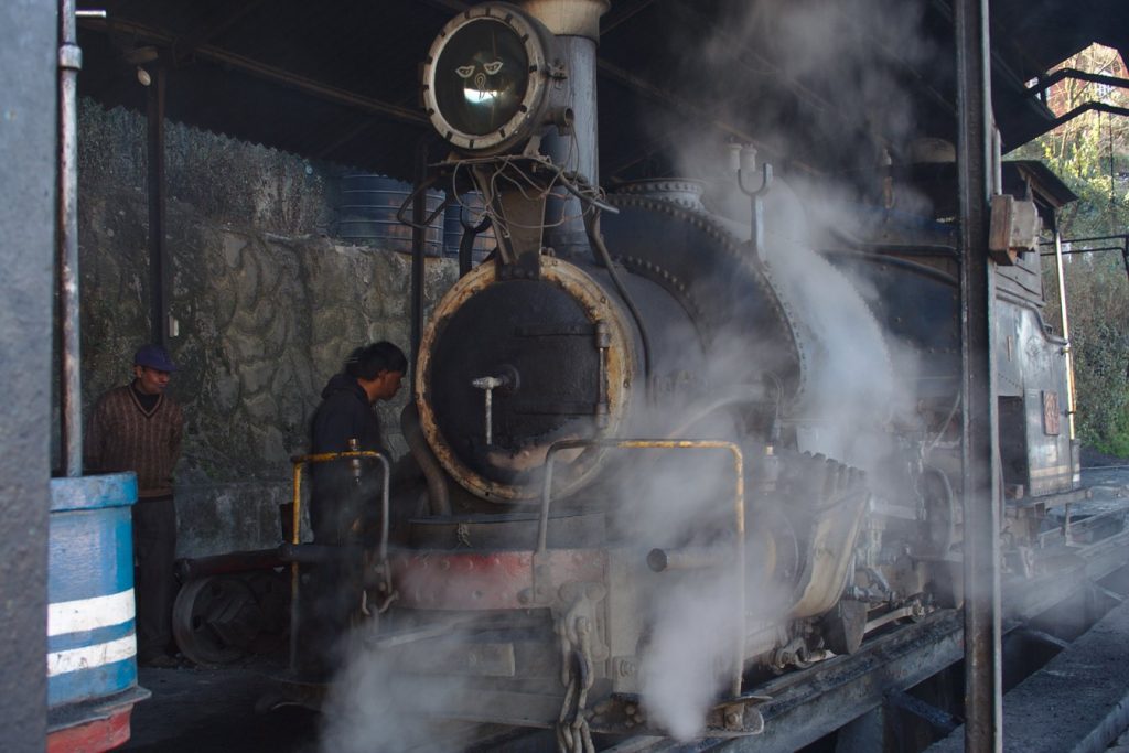 Close-up of the steam engine that pulls the Darjeeling toy train