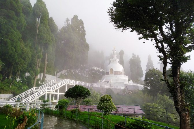 Full view of the Japanese Peace Pagoda on the slopes of Jalapahar hill, Darjeeling