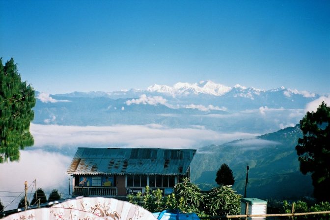 Kanchenjunga mountain range seen clearly from the Darjeeling War Memorial on a clear October day