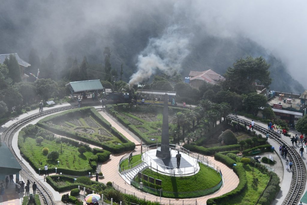 Batasia Loop shrouded in monsoon mist near Darjeeling