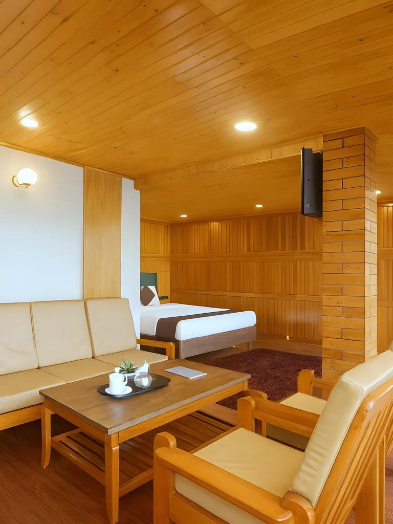 Suite sitting area with a cream leather sofa set and coffee table in front of the bed nook at Hotel Apsara, Darjeeling