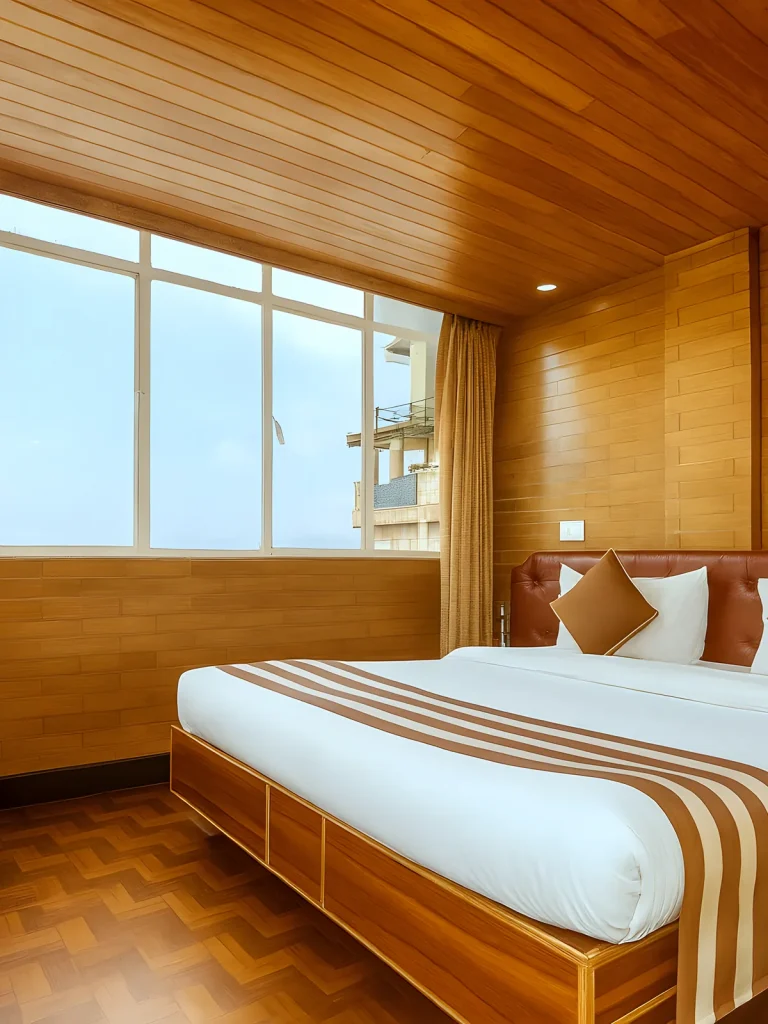 Guest room with a large window overlooking an adjacent building's balcony at Hotel Apsara, Darjeeling