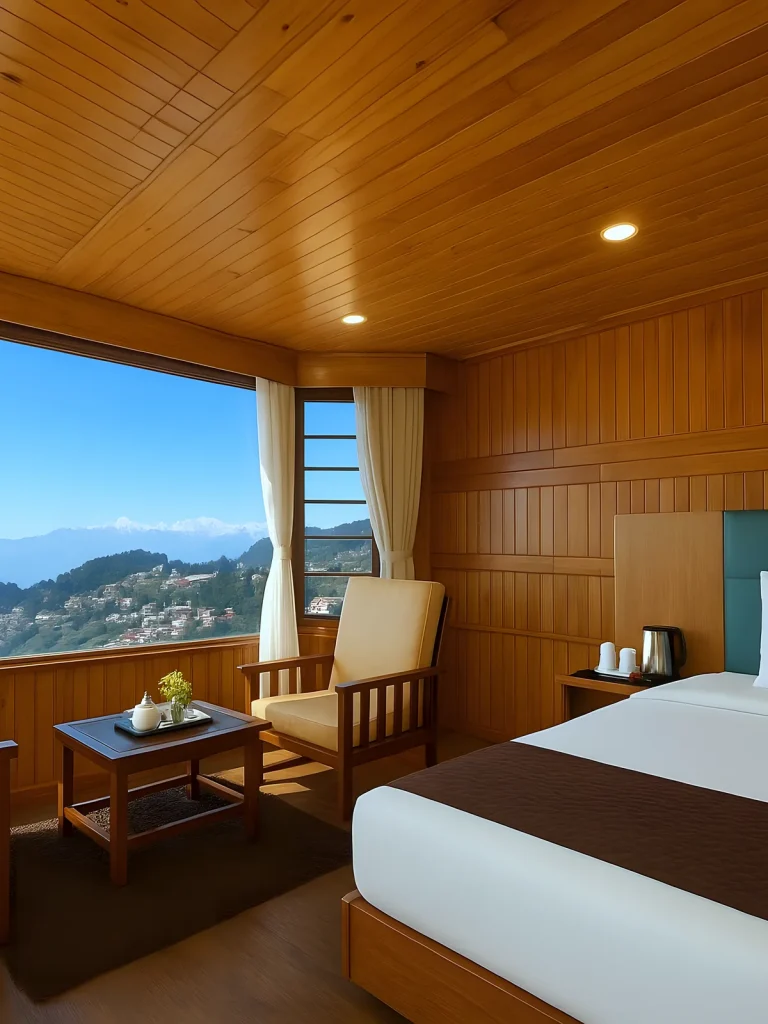 Guest room with two armchairs and a panoramic window overlooking hillside town and mountains at Hotel Apsara, Darjeeling